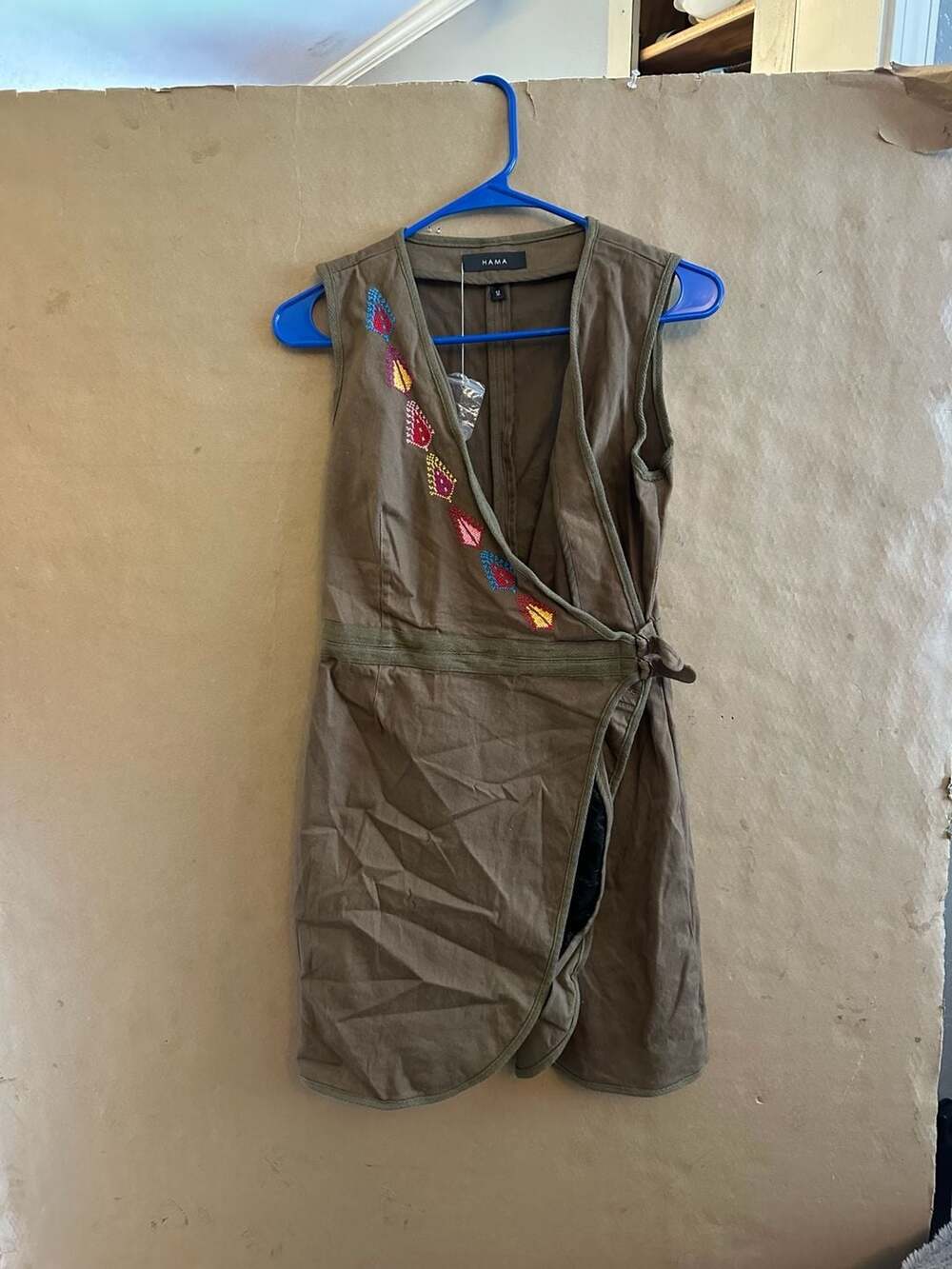 HAMA Olive Green Embroidered Wrap Dress Size M
